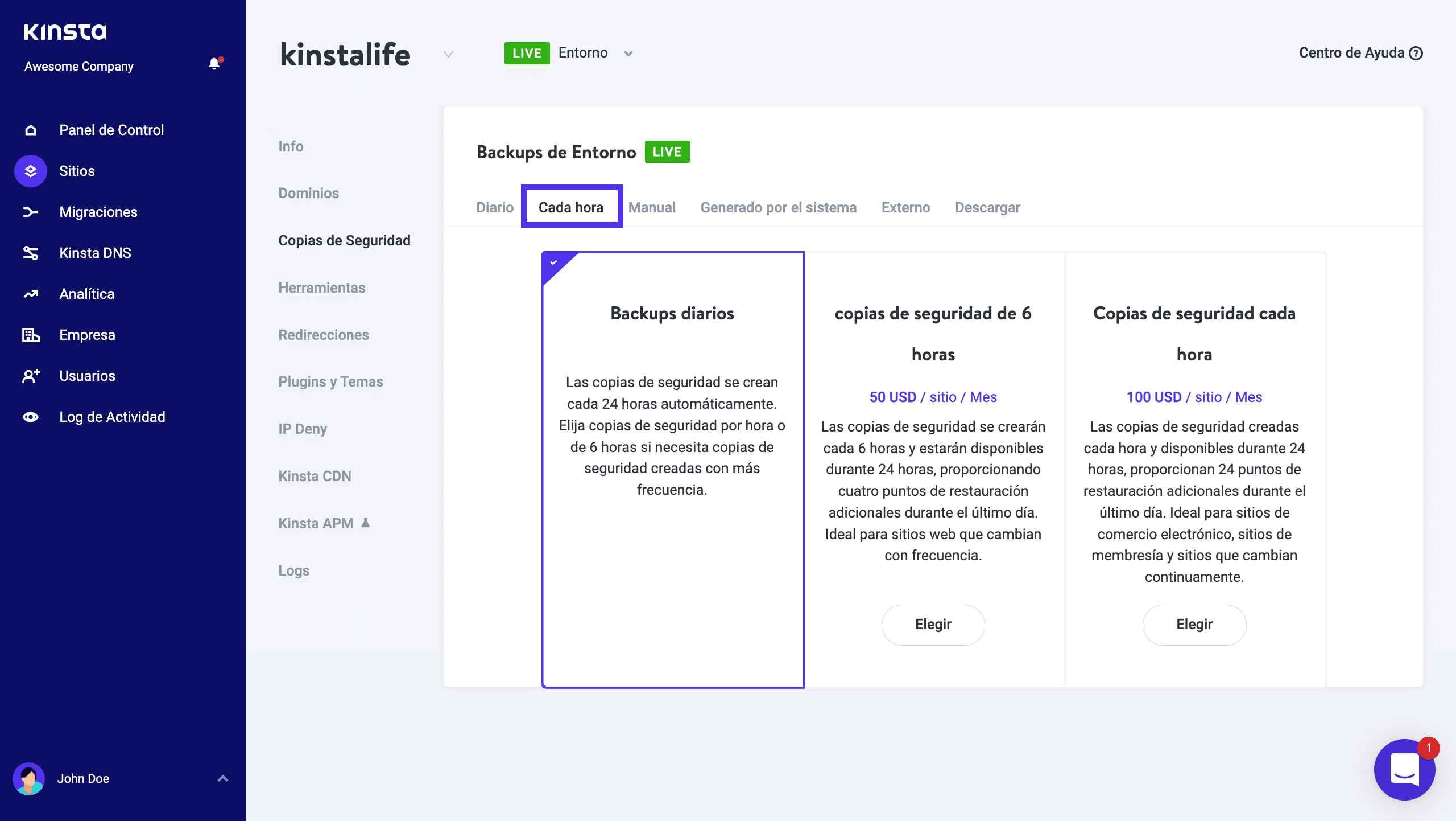 Cómo cambiar la frecuencia de las copias de seguridad de Kinsta.