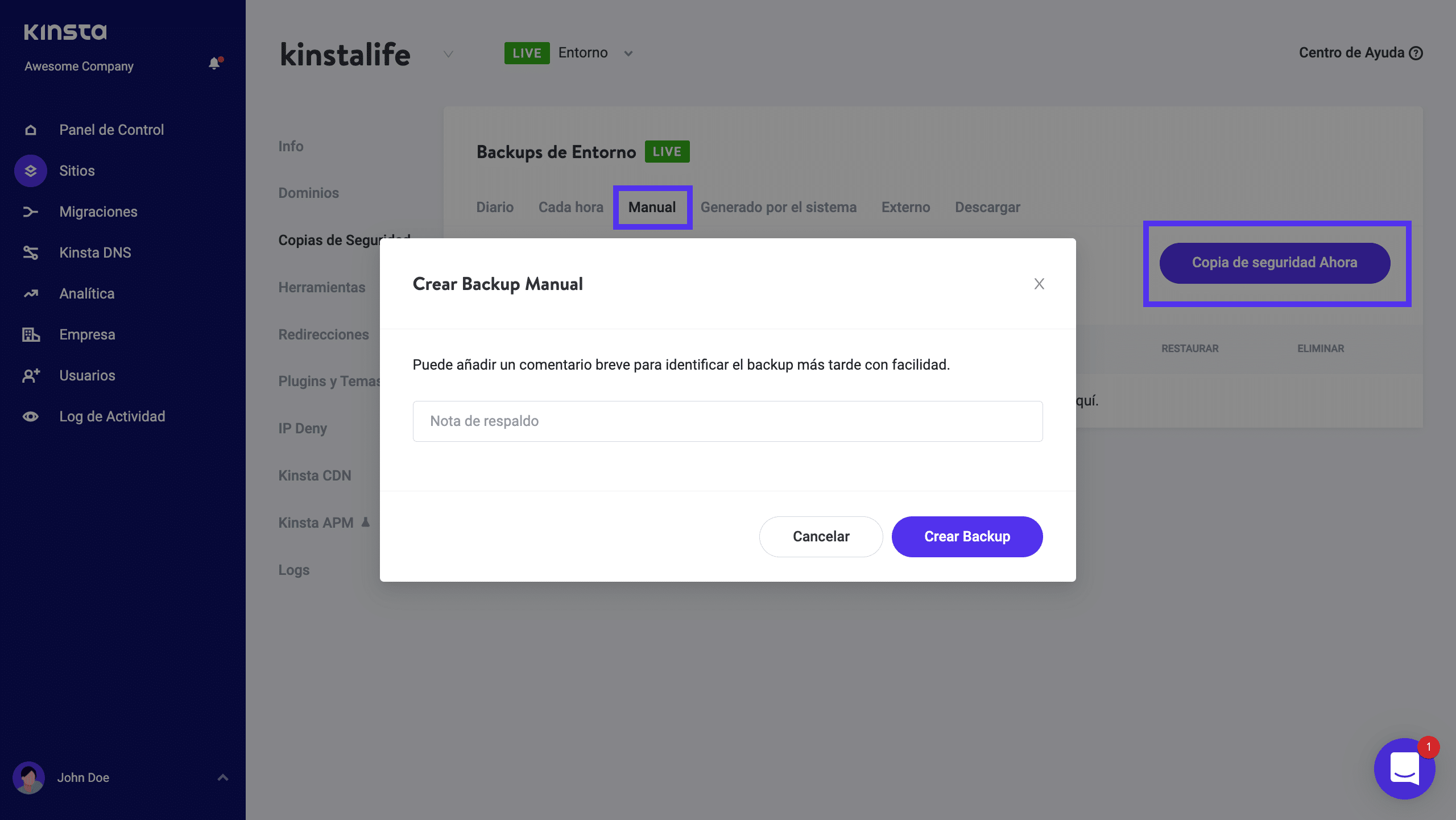 Cómo hacer una copia de seguridad manual en Kinsta.