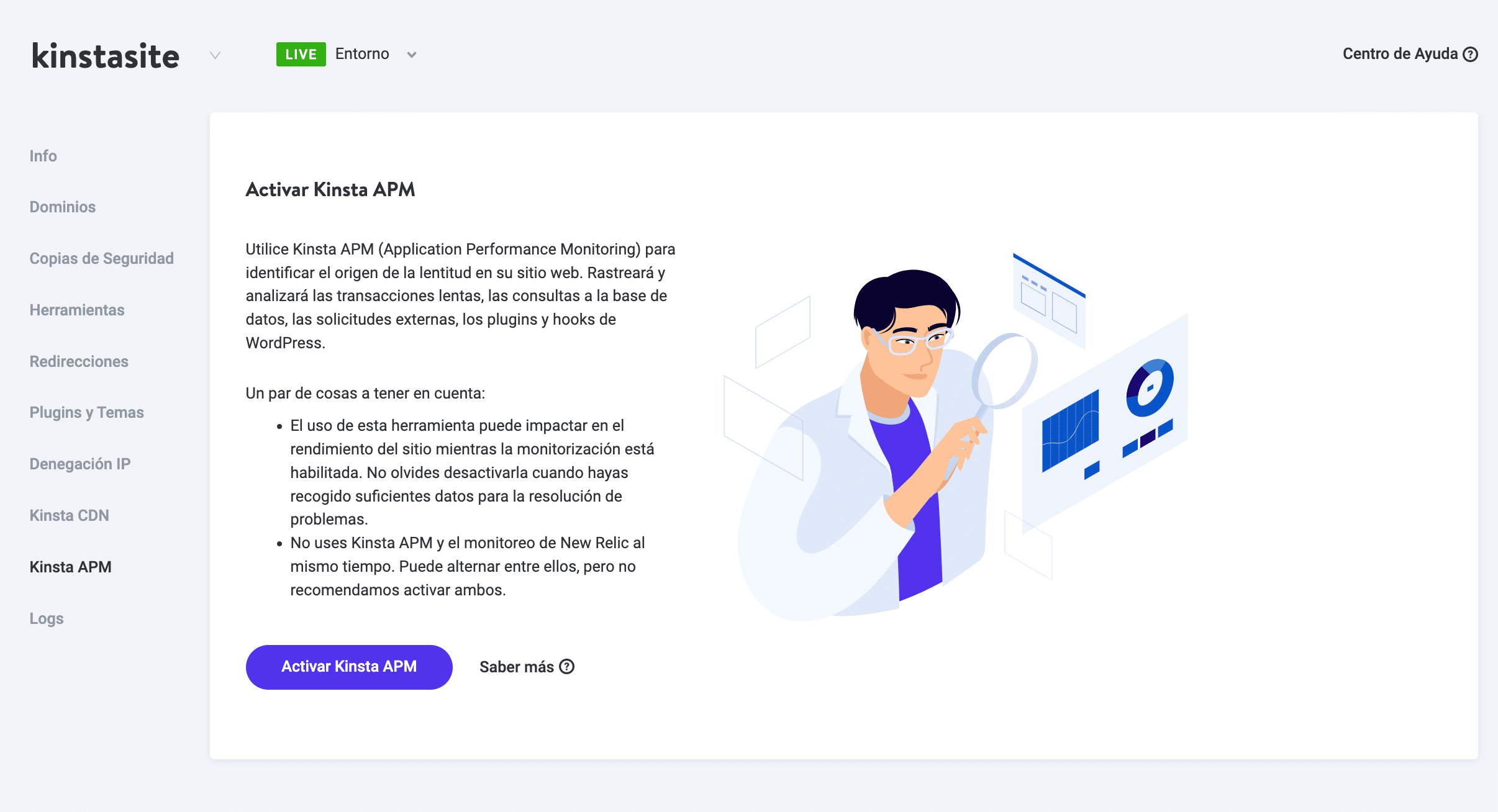 Activando el APM de Kinsta en el panel de control de MyKinsta.