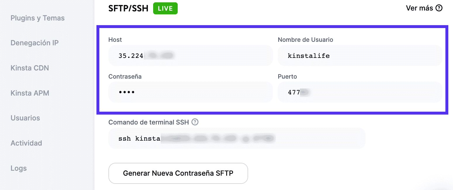Copia las credenciales de MyKinsta a FileZilla.