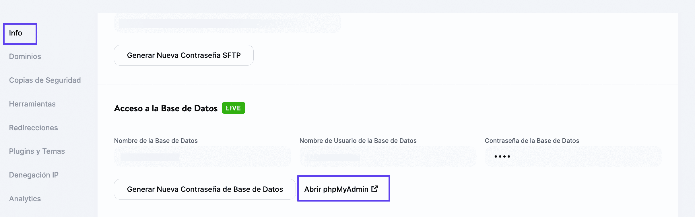 Info > Abrir phpMyAdmin en MyKinsta