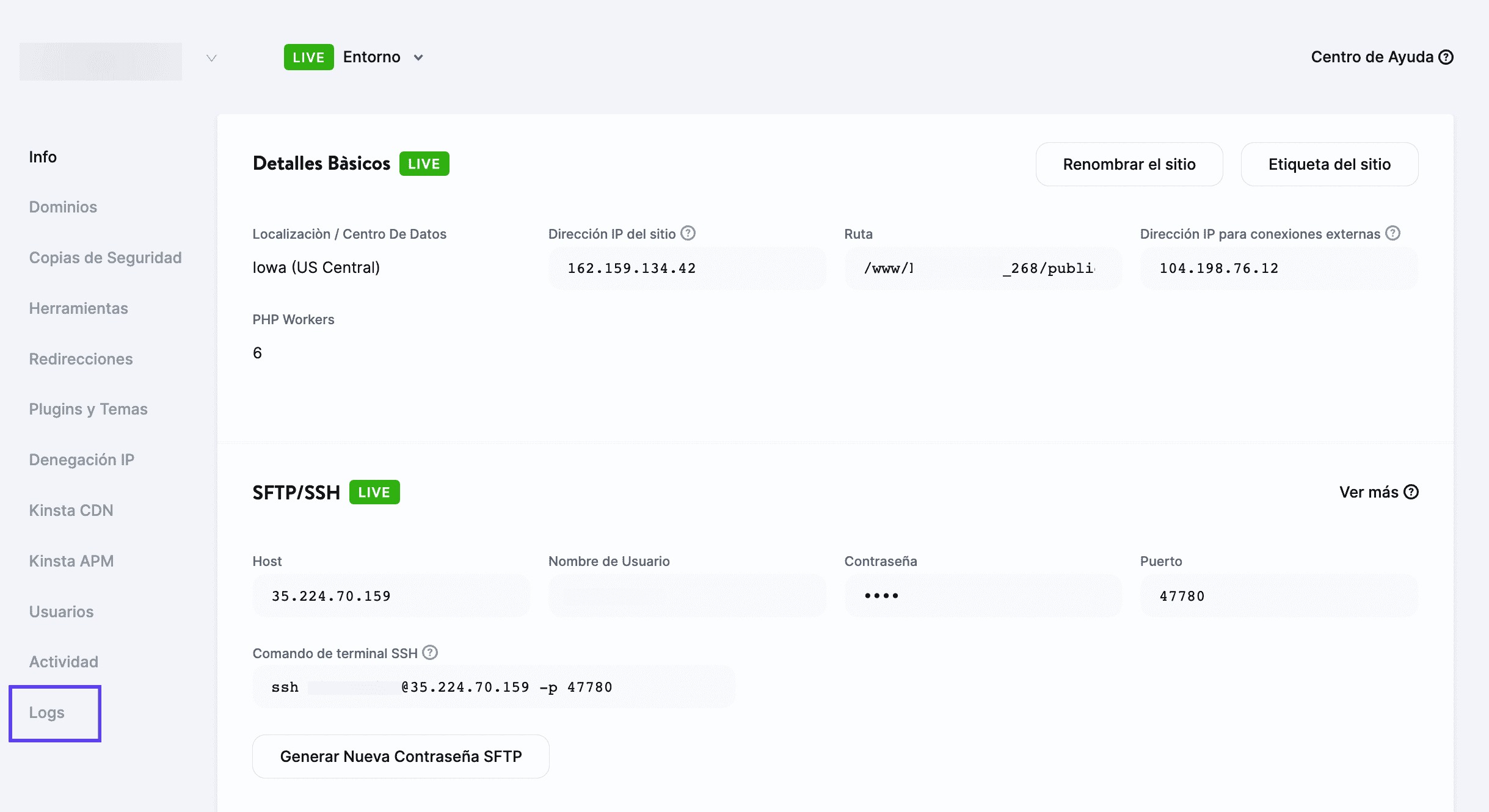 Logs de MyKinsta