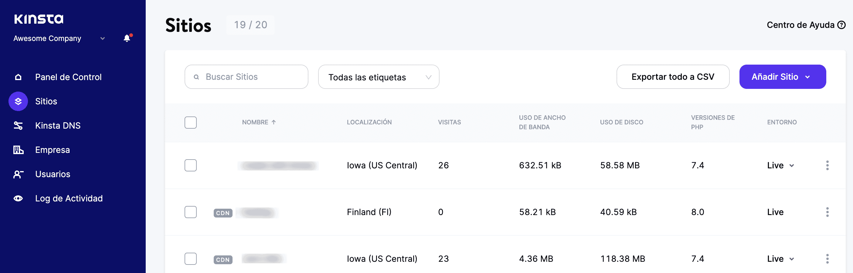 Selecciona el sitio que quieras en MyKinsta