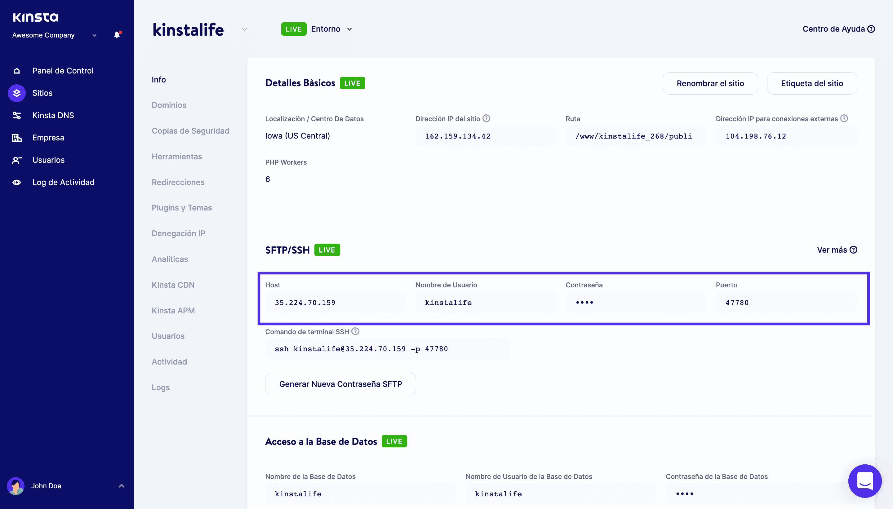 Recopilar las credenciales de acceso al SFTP desde el panel de MyKinsta.