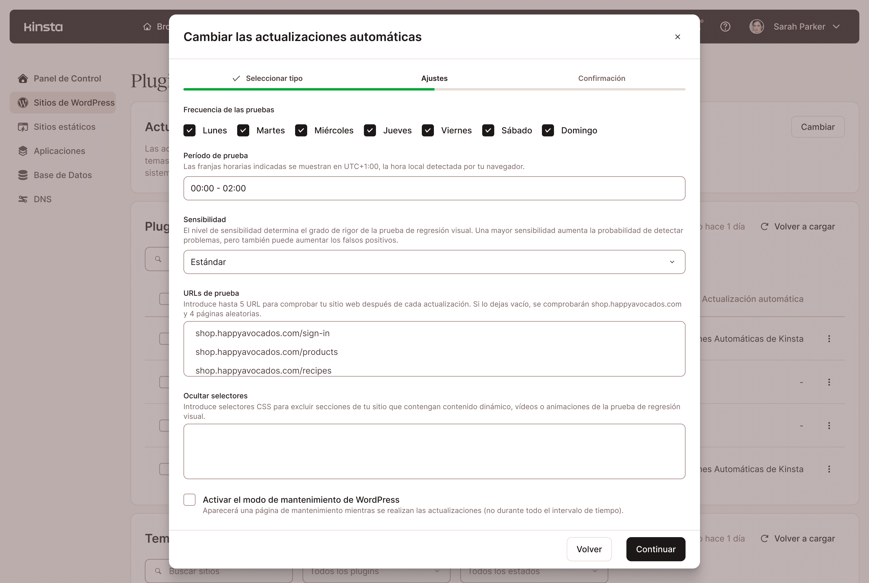 Interfaz de configuración de actualizaciones automáticas
