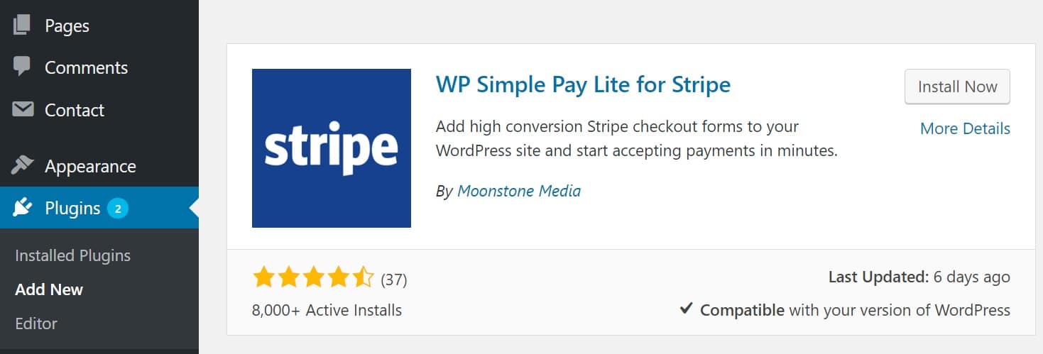 Install WP Simple Pay Lite plugin Installer le plugin WP Simple Pay Lite
