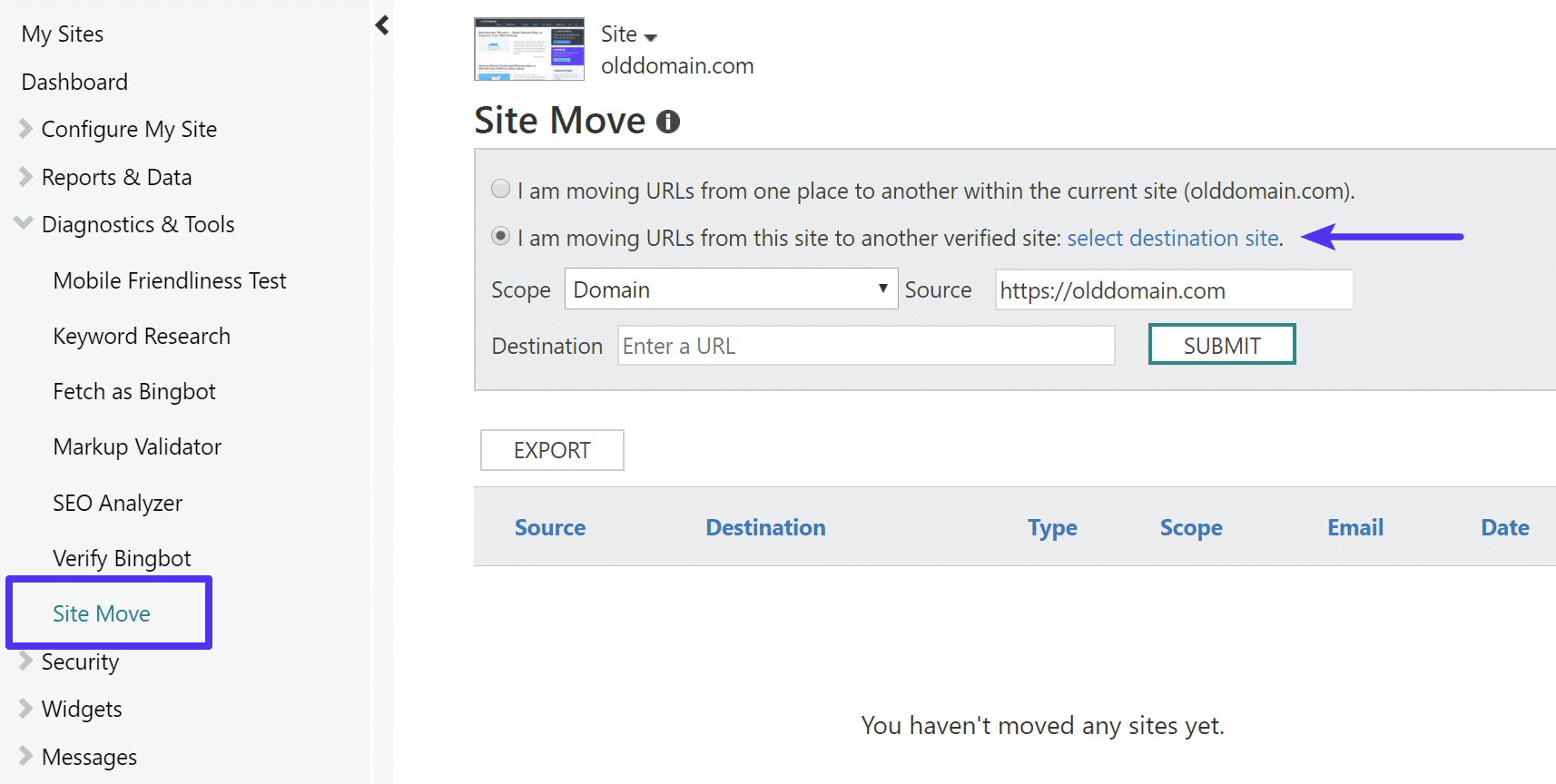 Déménagement du site dans Bing Webmaster Tools