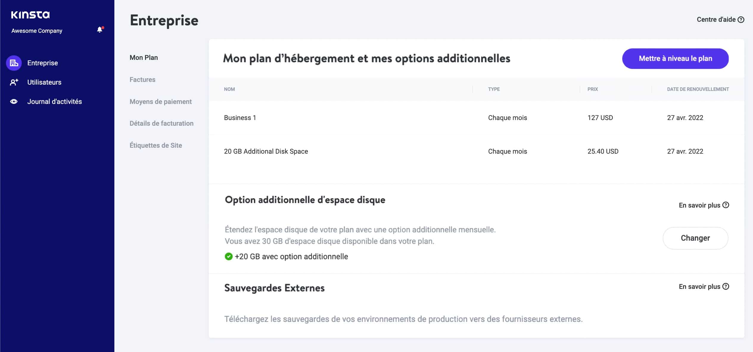 Le tableau de bord « Facturation d’entreprises » dans MyKinsta