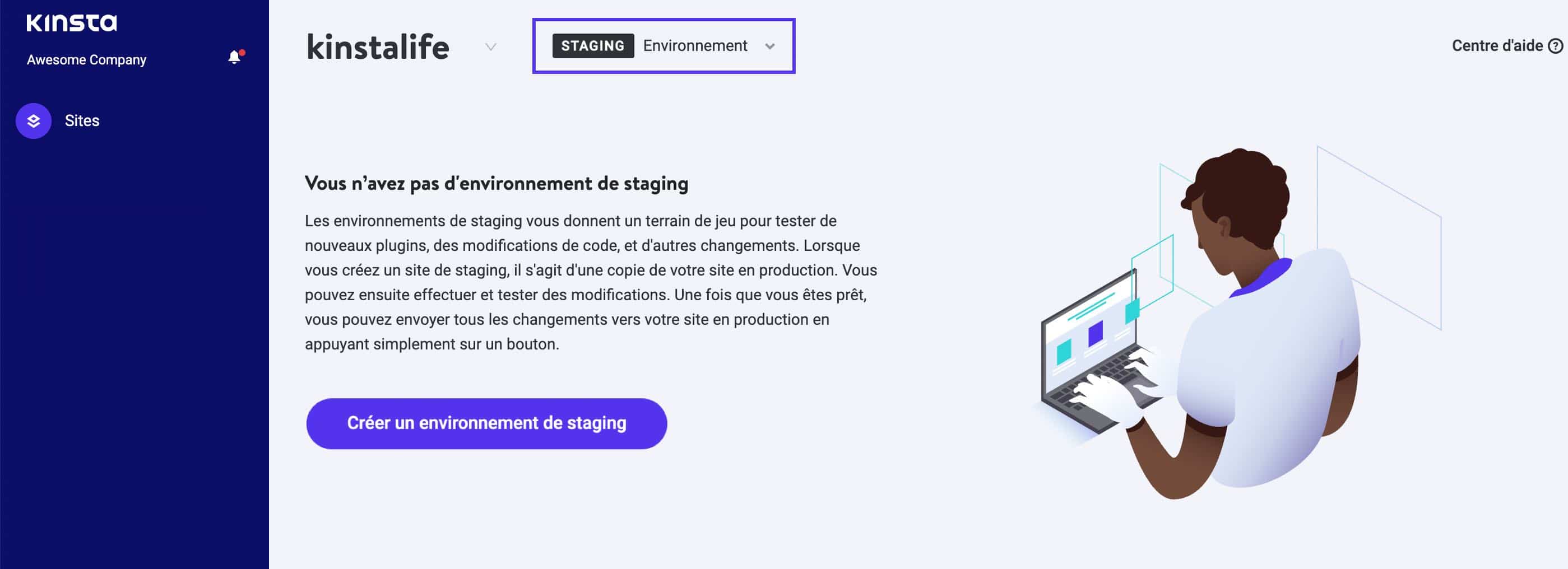 Le tableau de bord « Développeur du site » dans MyKinsta