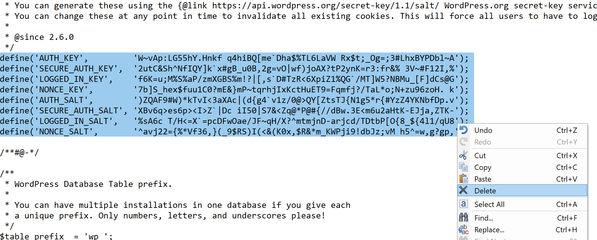 Comment changer les sels dans wp-config.php