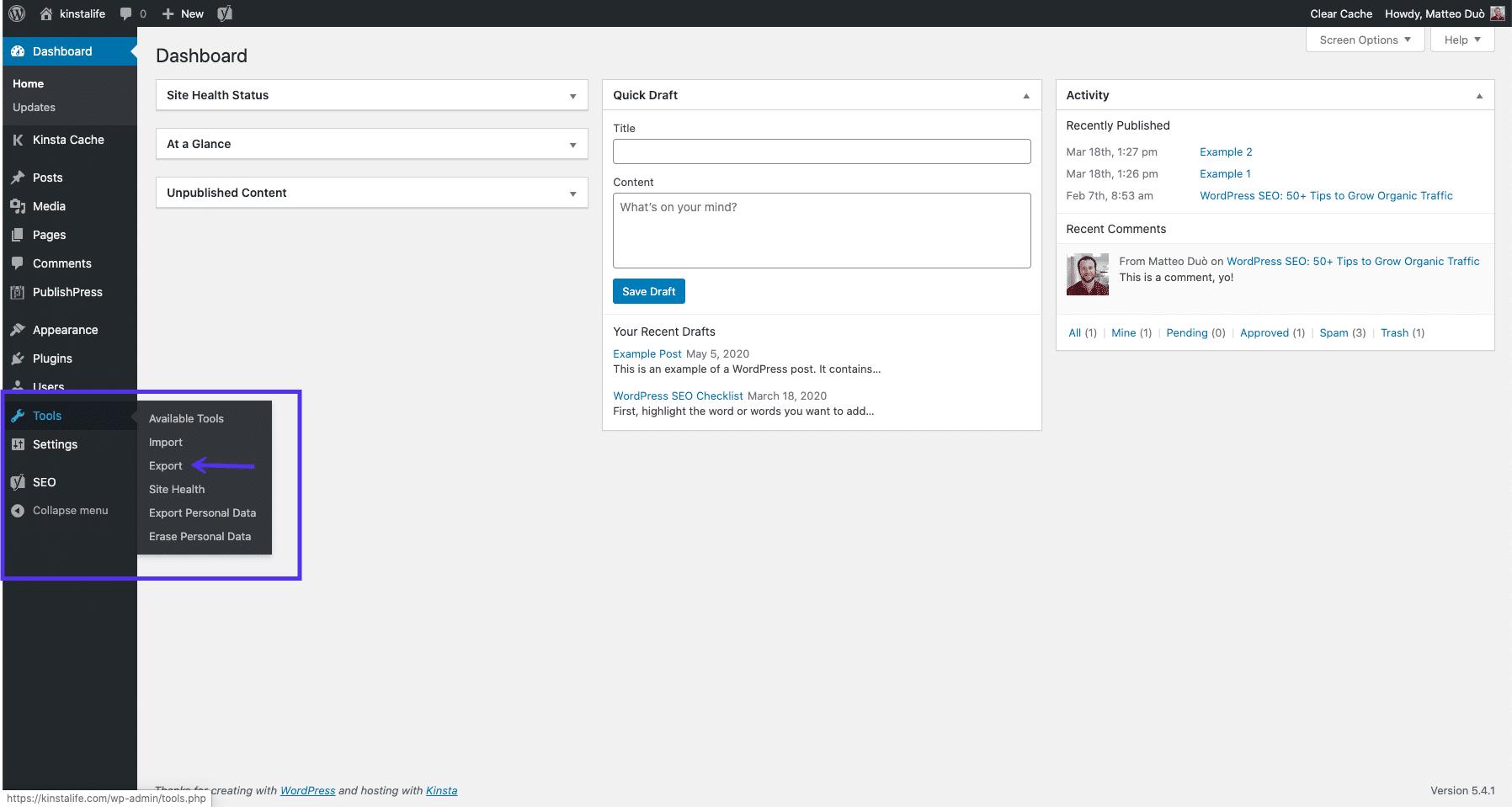 Outil d'exportation WordPress