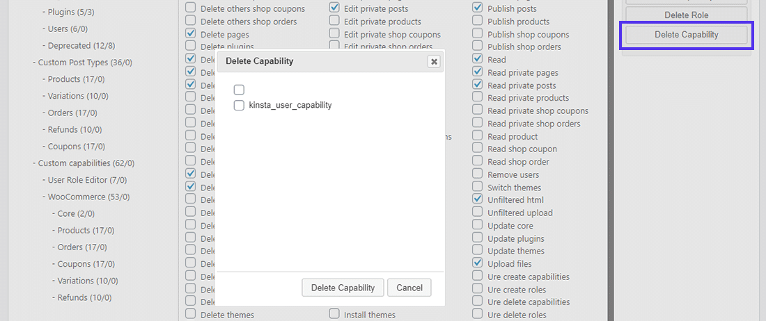 Le bouton « Supprimer la permission » dans User Role Editor