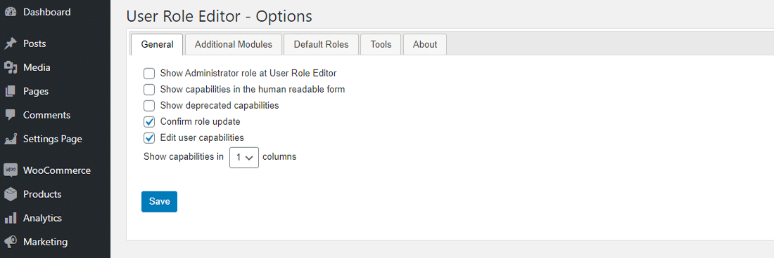 L'onglet « Général » des options de User Role Editor