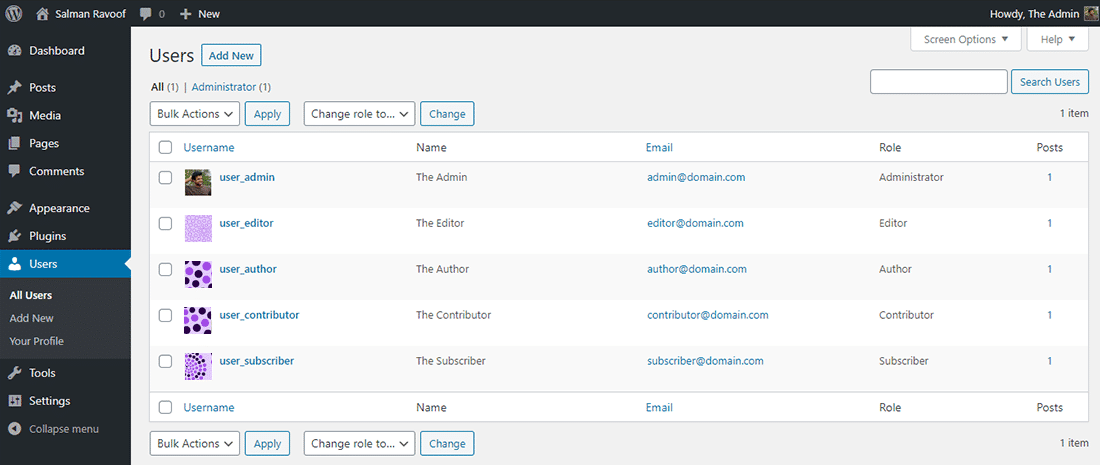 Le panneau « Utilisateurs » dans le tableau de bord de WordPress