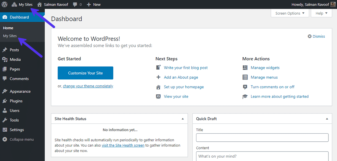 Le tableau de bord du rôle de « super admin » dans un réseau WordPress multisite