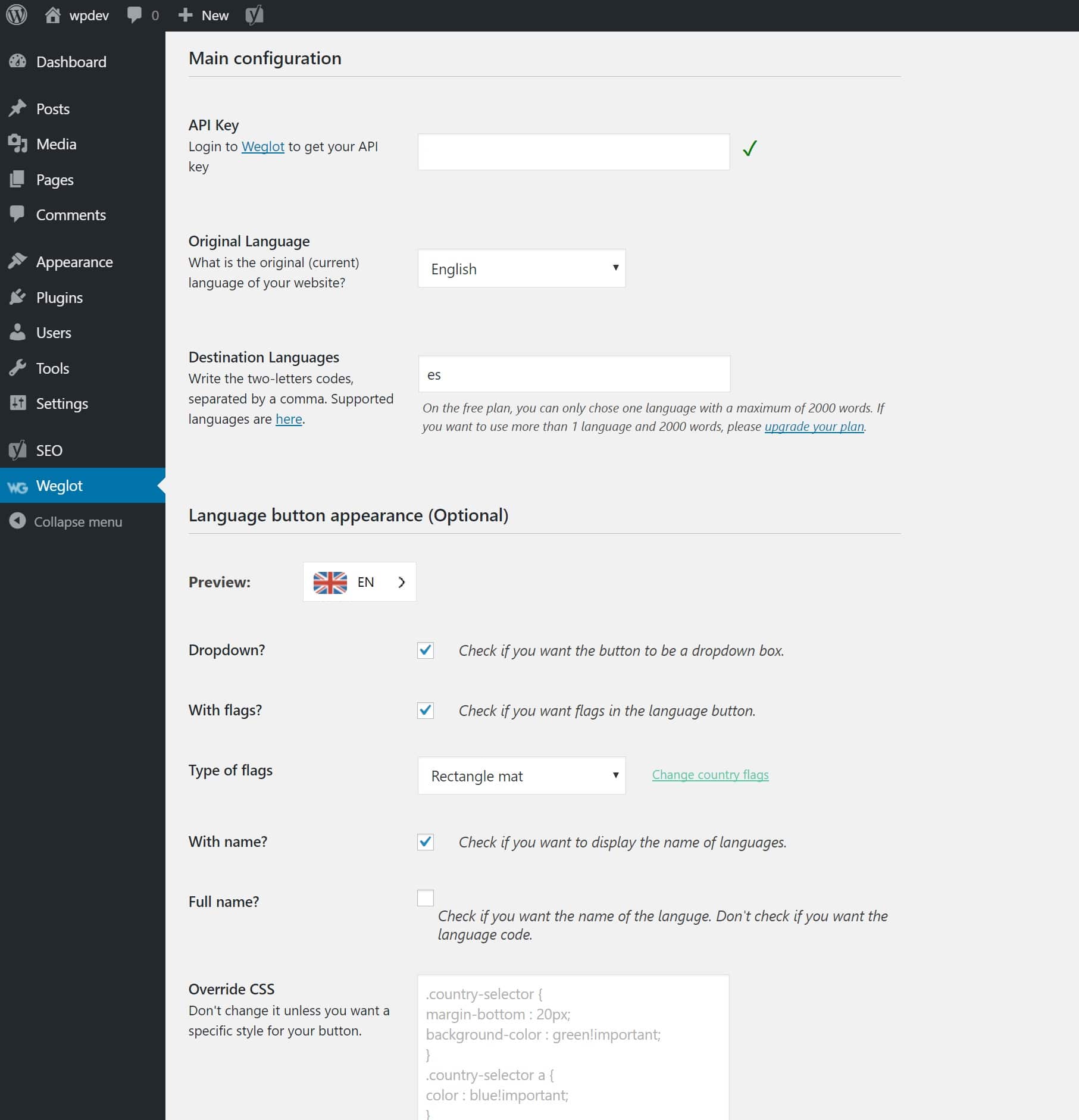 Configurazione Weglot