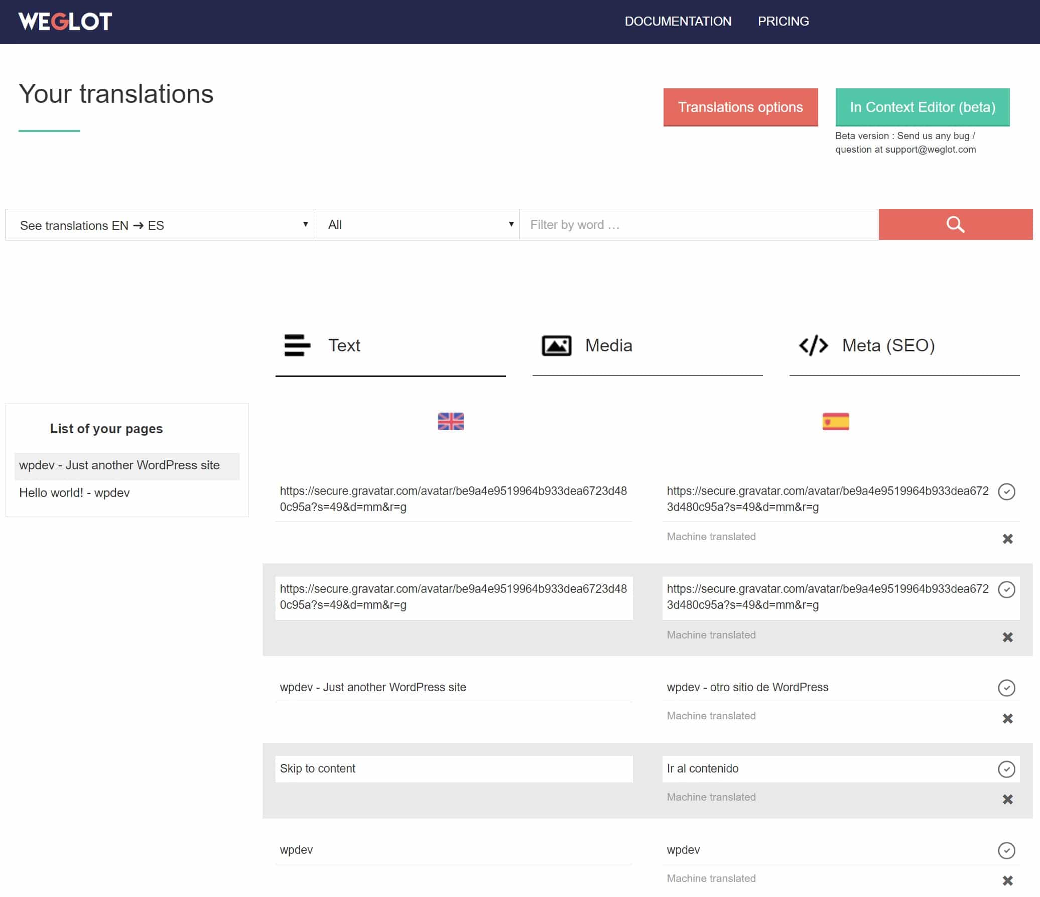 Dashboard delle traduzioni di Weglot