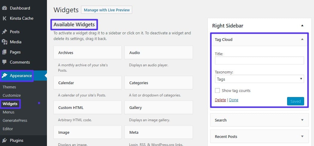 Il widget del tag cloud di WordPress