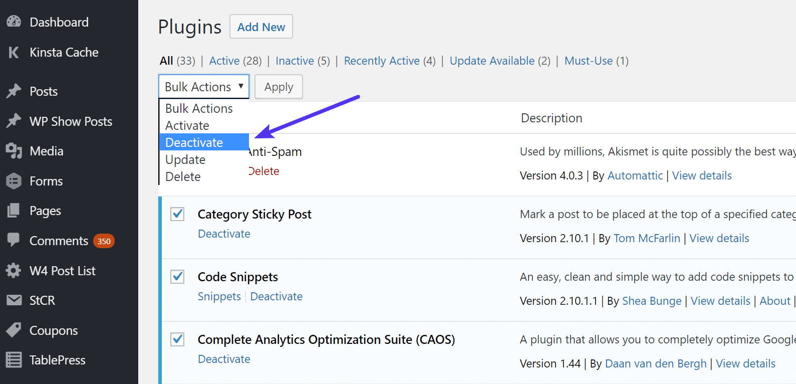 Disattivare tutti i plugin di WordPress