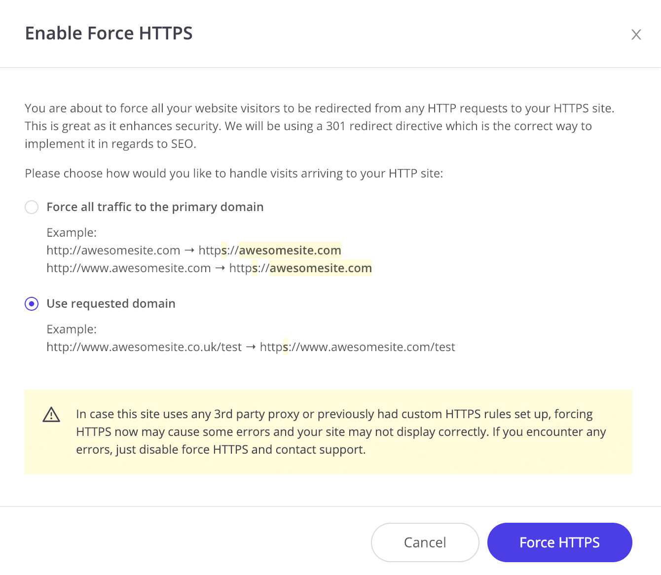 Opzioni Forza HTTPS
