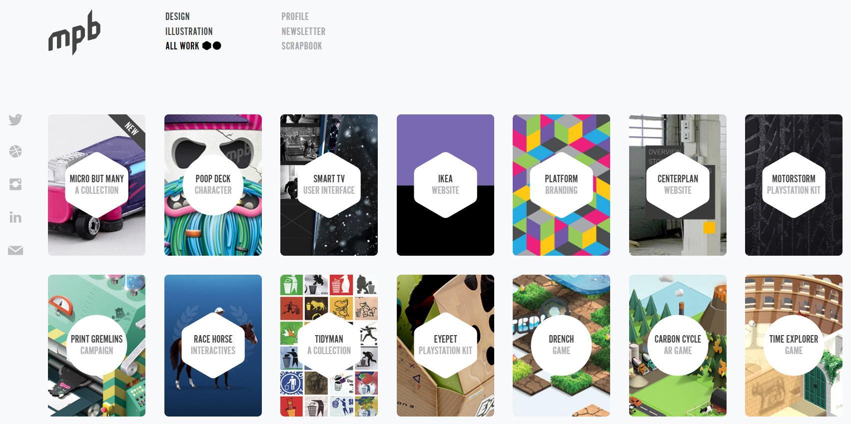 Screenshot della pagina Portfolio dello scrittore Tim Smith che mostra una serie di miniature di suoi lavori di design