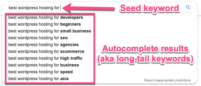 Autocompletamento keyword di coda-lunga