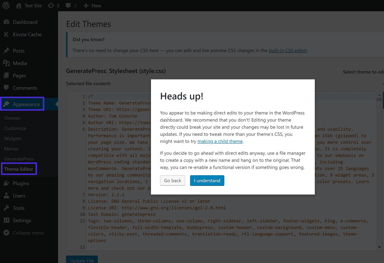 L'avviso prima di accedere all'editor di codici in-dashboard