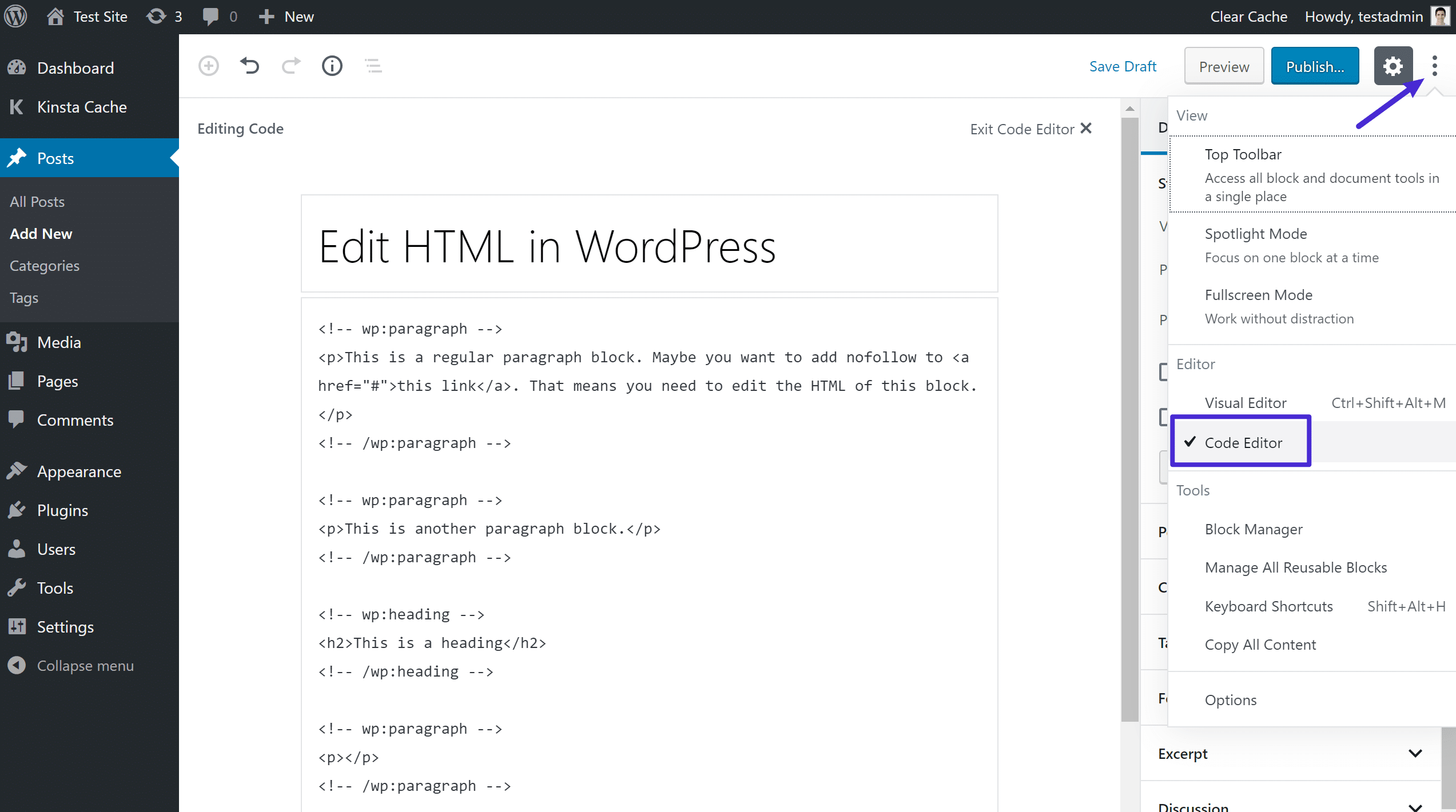Come accedere all'editor del codice completo di Gutenberg