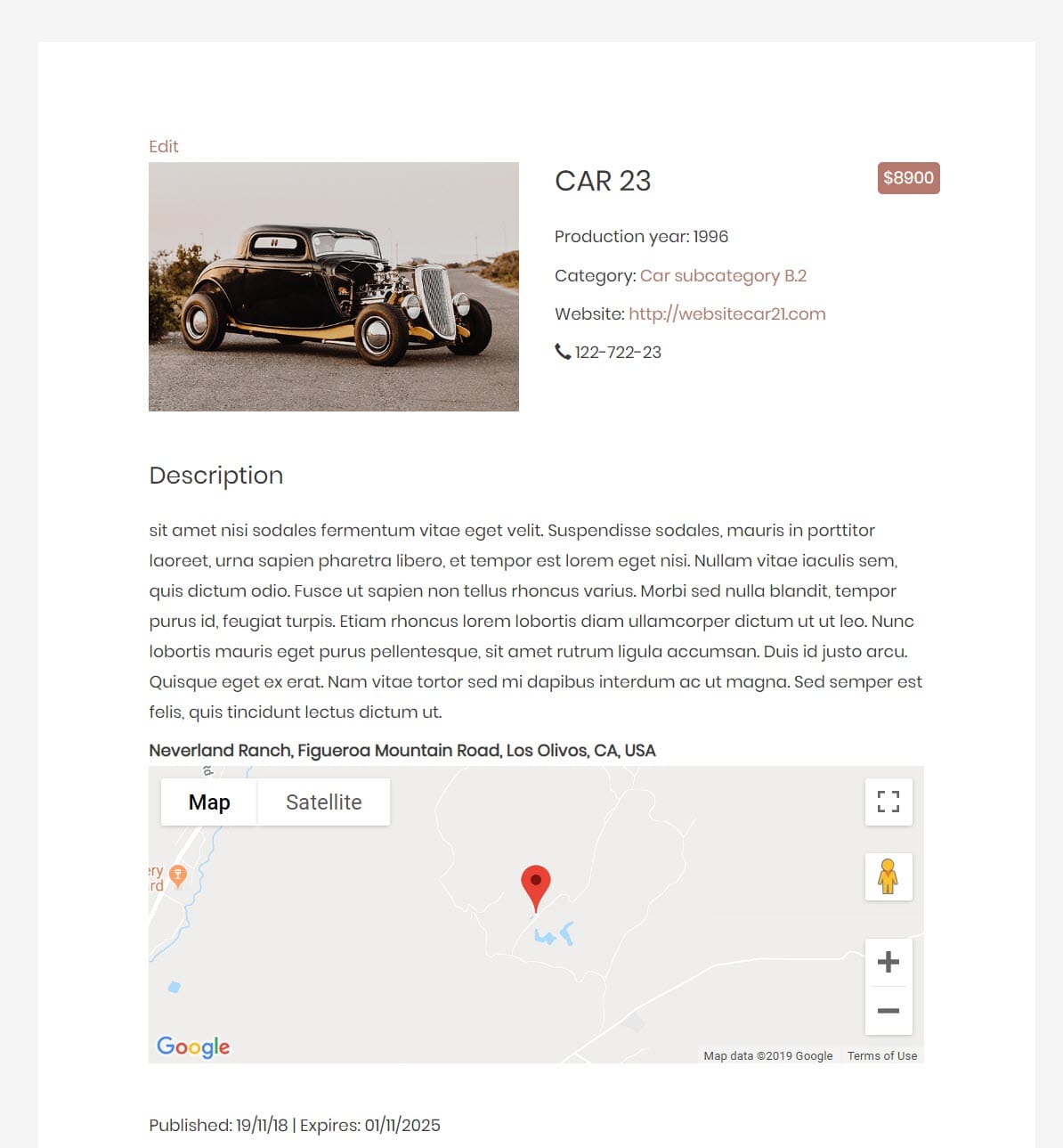 Esempio di template di un sito web con liste
