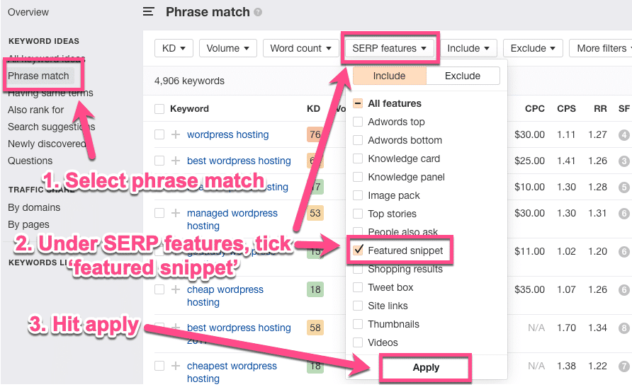 La frase di Ahrefs corrisponde agli snippet di anteprima