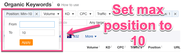 Prime 10 parole chiave nelle SERP in Ahrefs