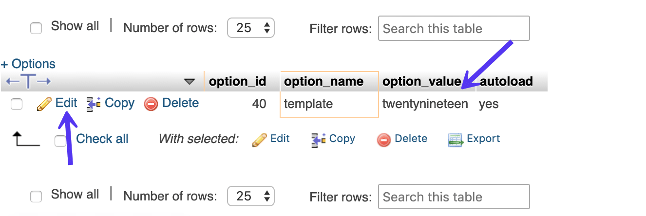 Nome del modello su wp_options