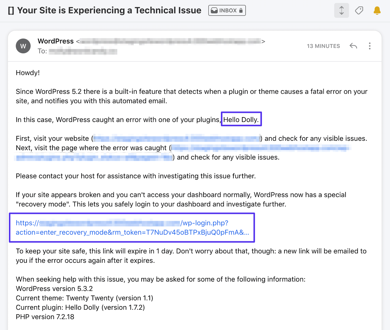 Un esempio di email admin per l'errore