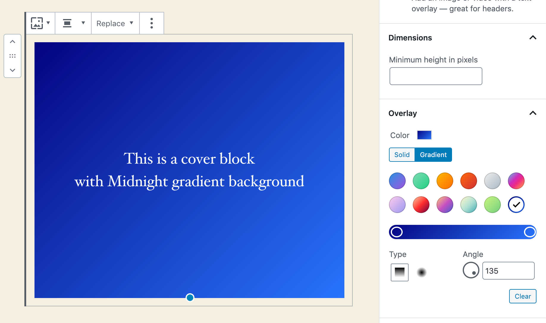Blocco Cover con sfondo a gradiente preimpostato