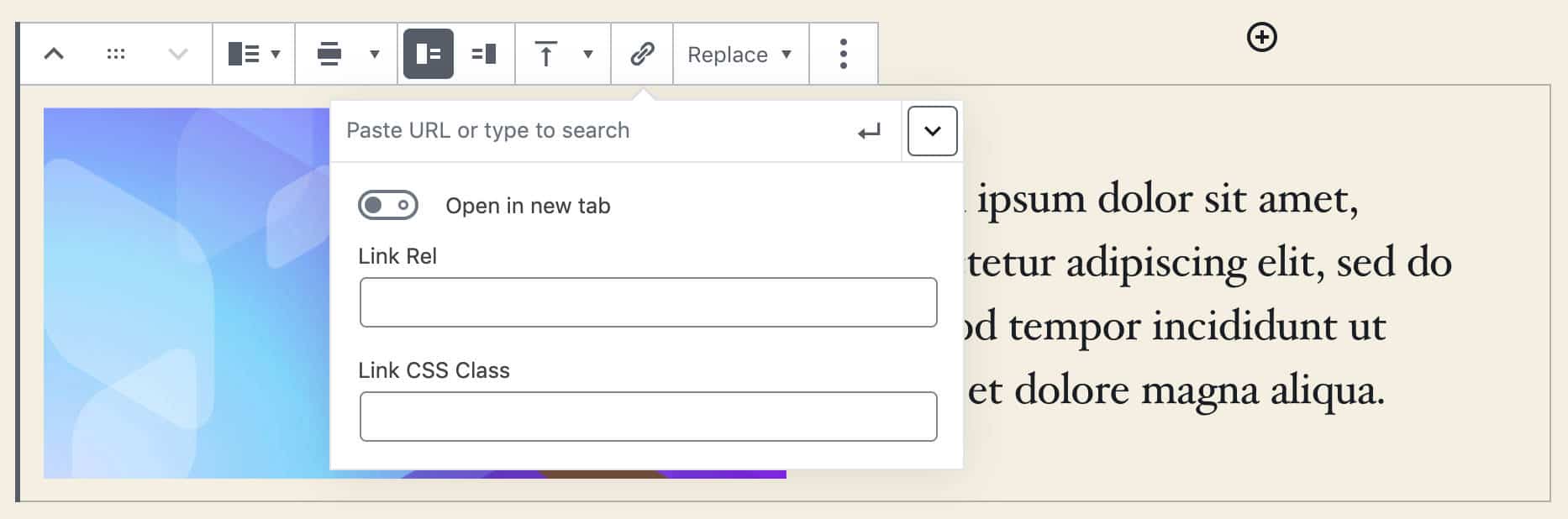 Aggiunta di link alle immagini in Media & Text block
