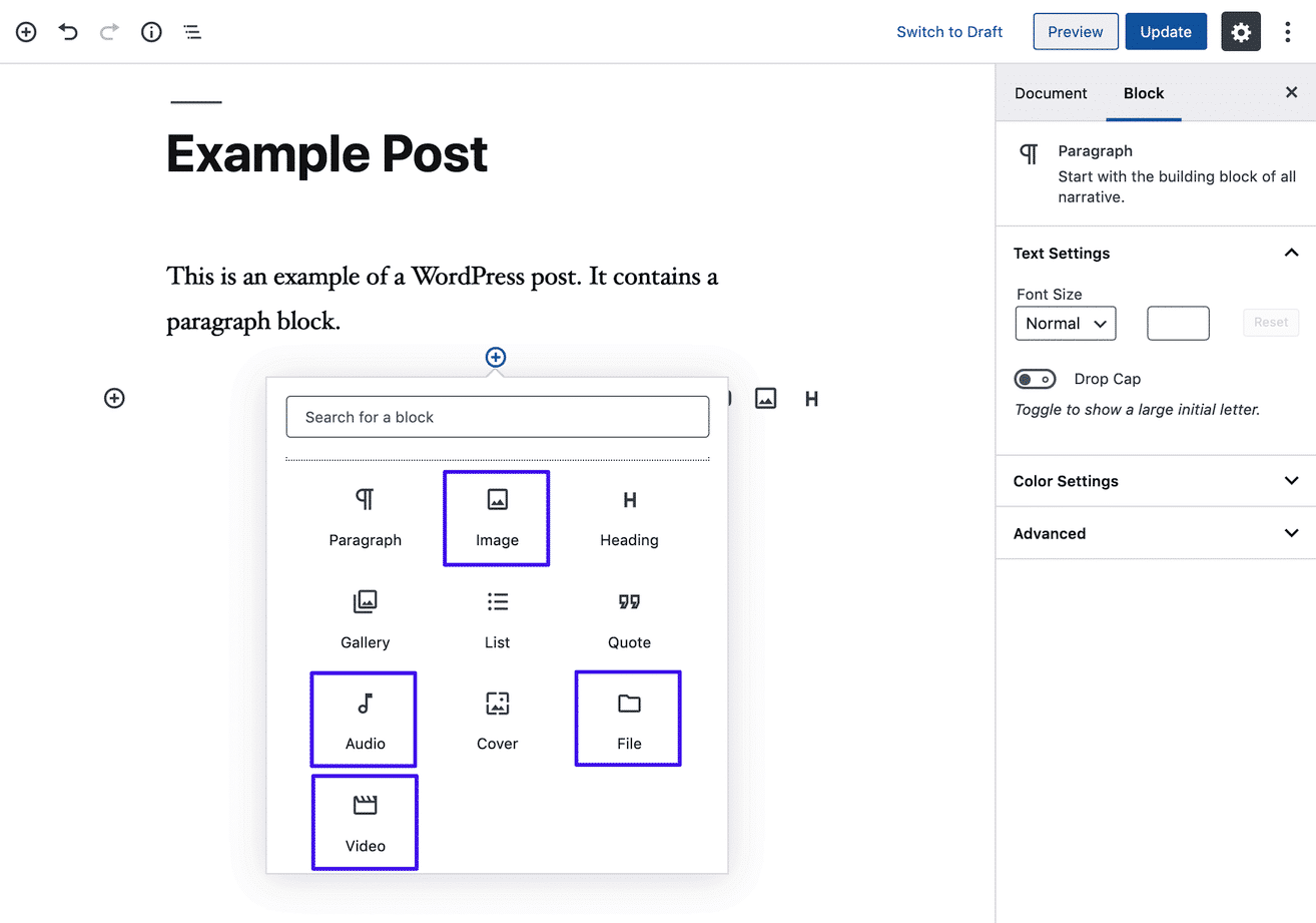 Blocchi multimediali WordPress