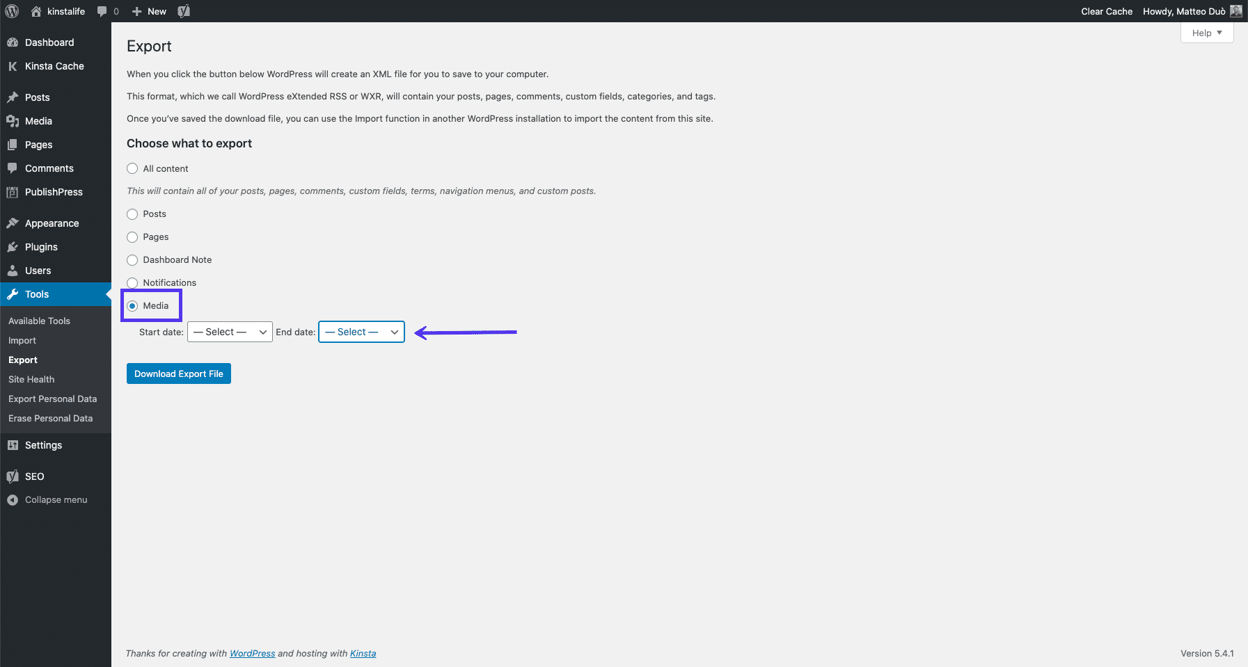 Esportare i media in WordPress