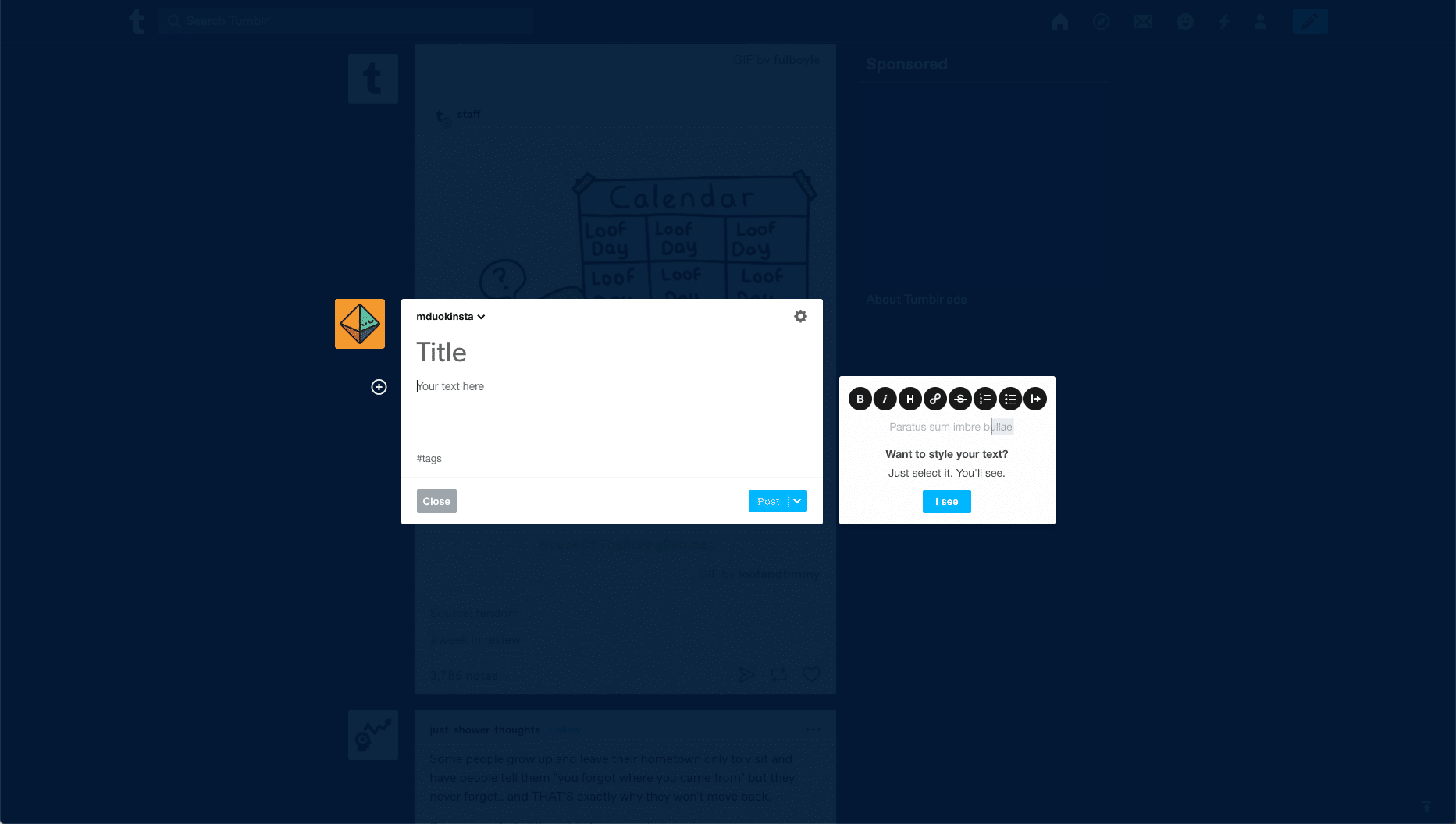 Interfaccia di Tumblr