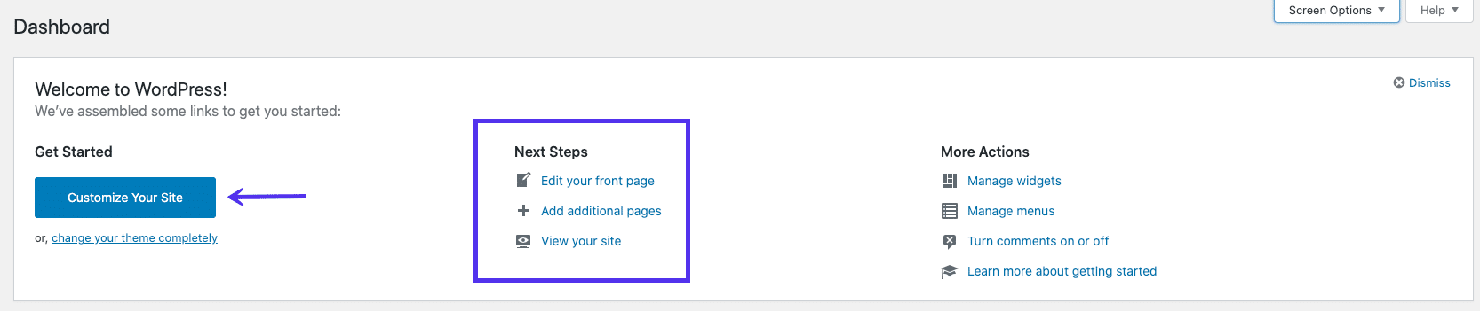 Scheda di benvenuto in WordPress