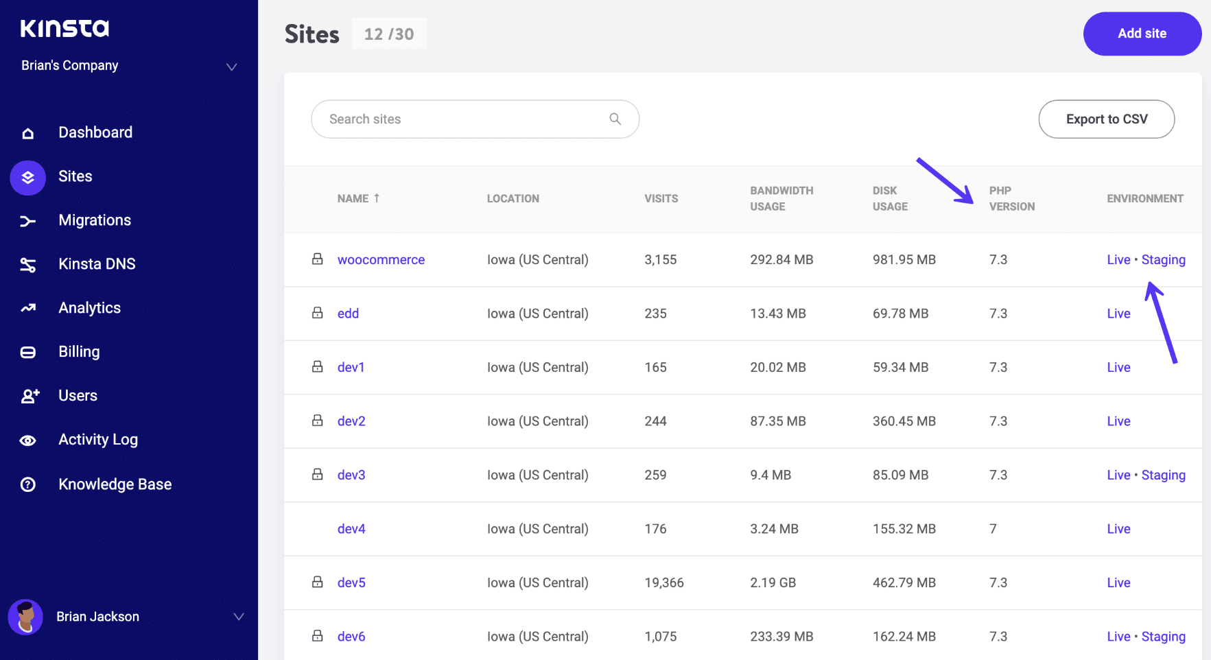 MyKinsta :PHPバージョンと本番・ステージング
