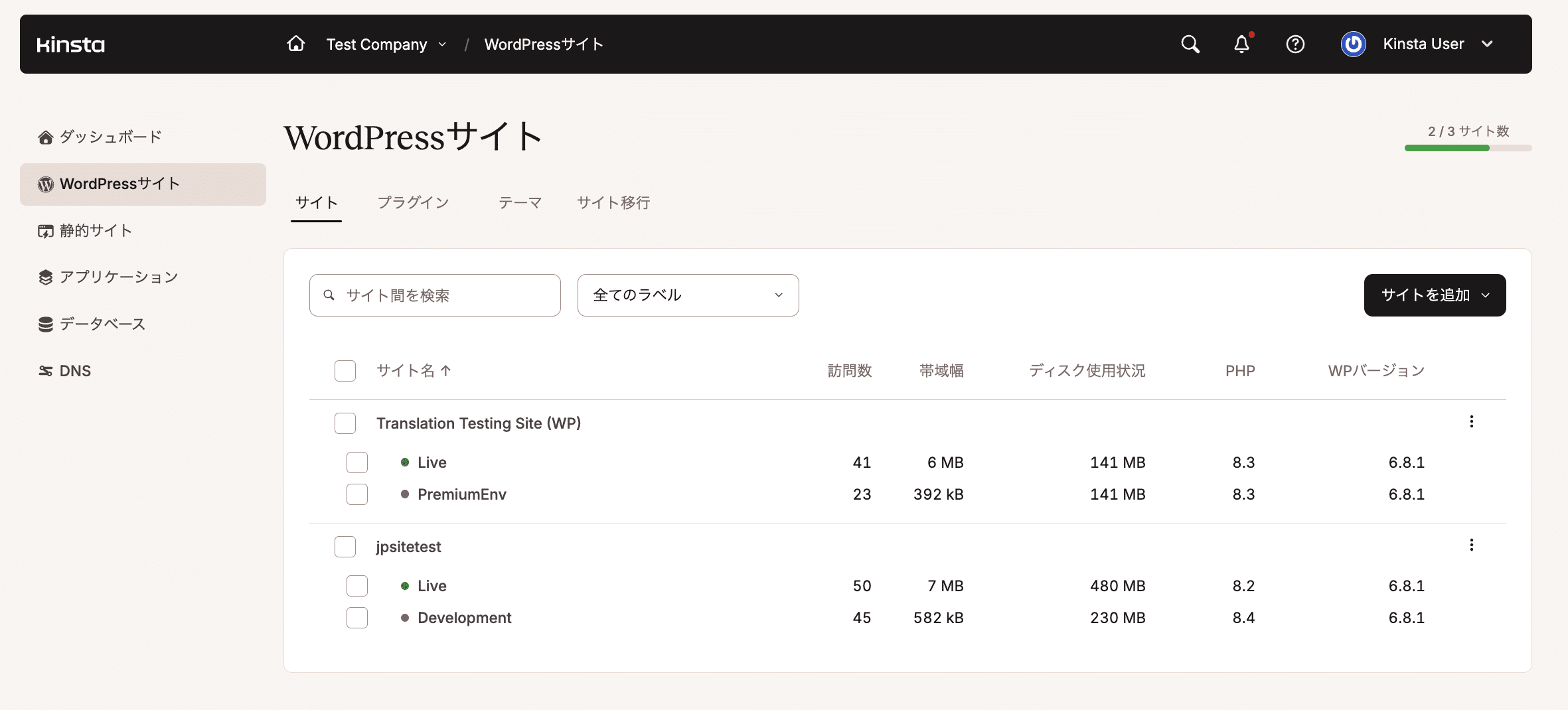 MyKinstaのWordPressサイト一覧