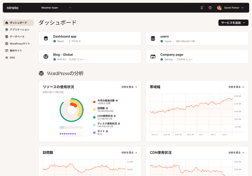 新しくなったKinstaのコントロールパネル「MyKinsta」─ダッシュボード、アプリケーション、データベースなどの文言が並んでいる