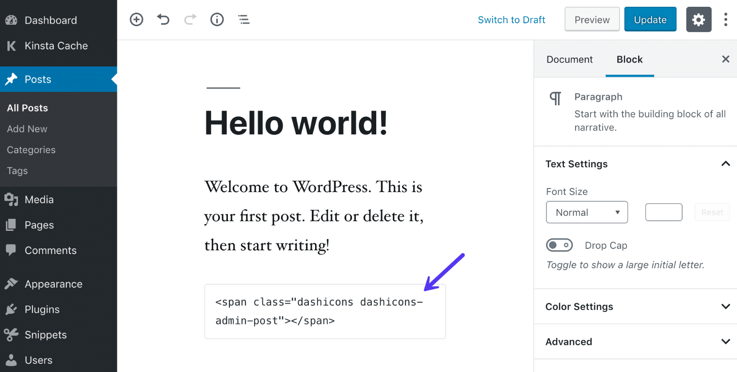 Dashicons in een Gutenberg HTML-block