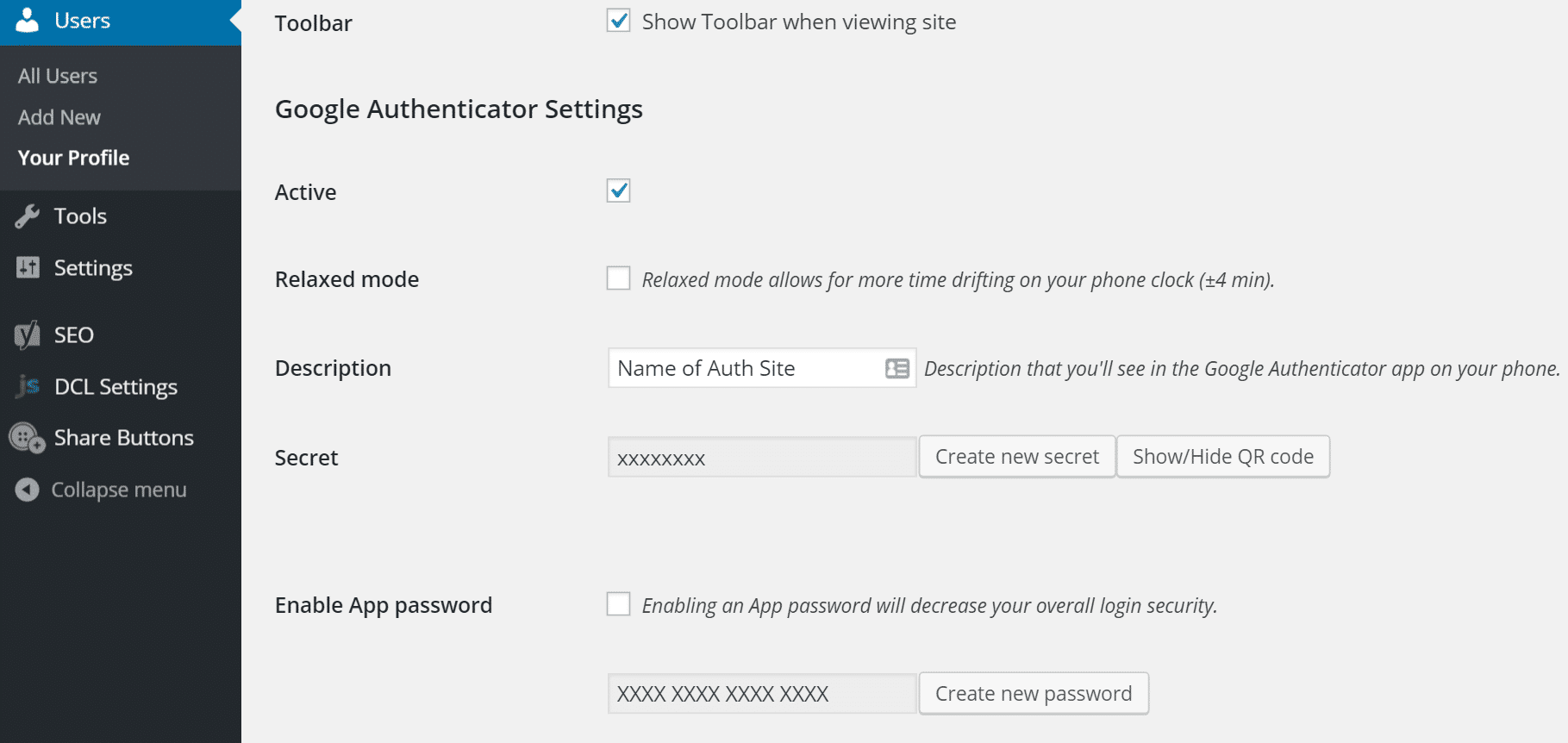 Google Authenticator settings Instellingen Google Authenticator