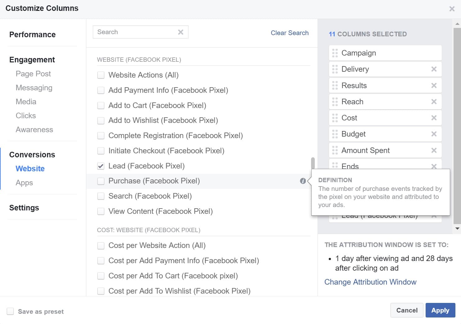 Facebook ads manager purchase column Facebook Ads Manager Aankoop Kolom