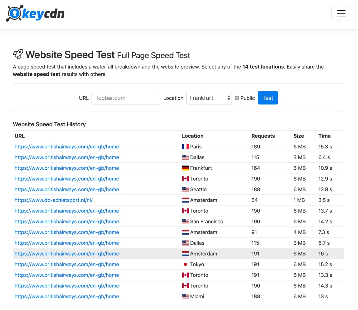 KeyCDN website snelheidstest hulpmiddel