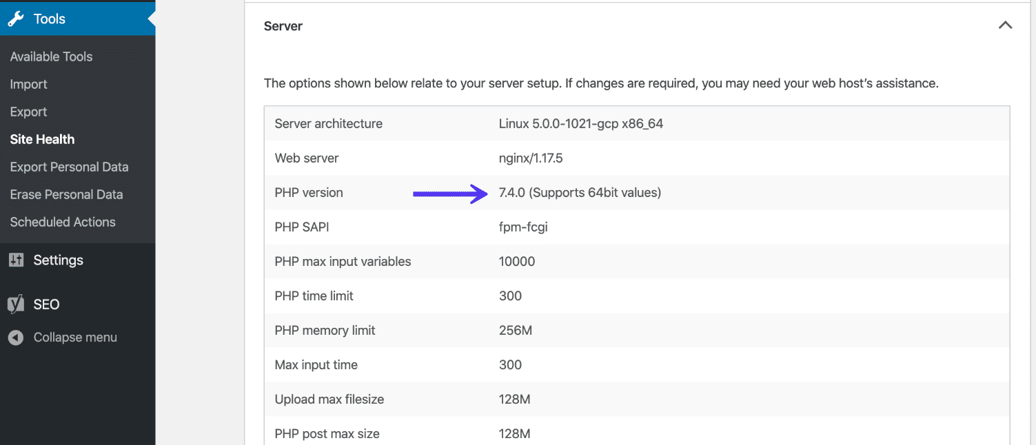 WordPress Site Health Tool PHP versie