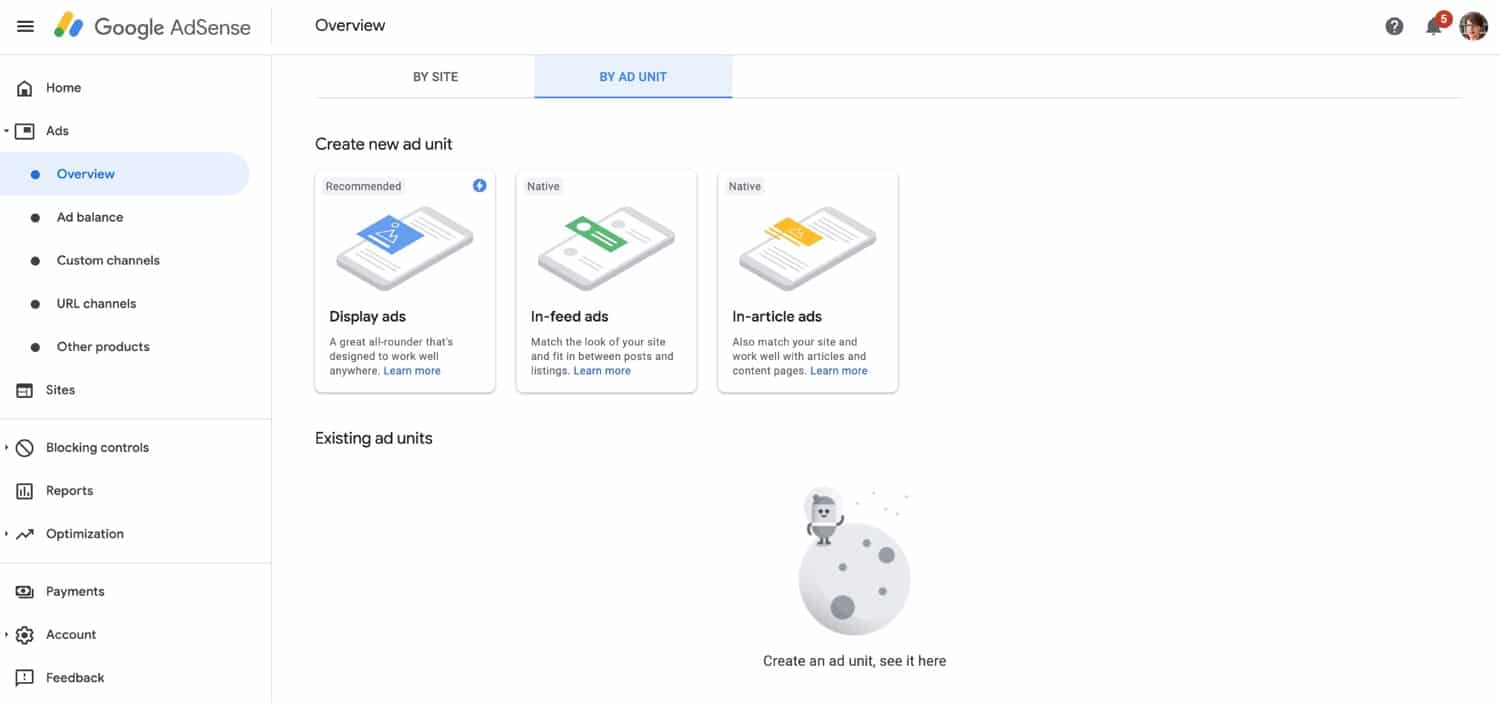 Ad Unit tabblad in Google AdSense