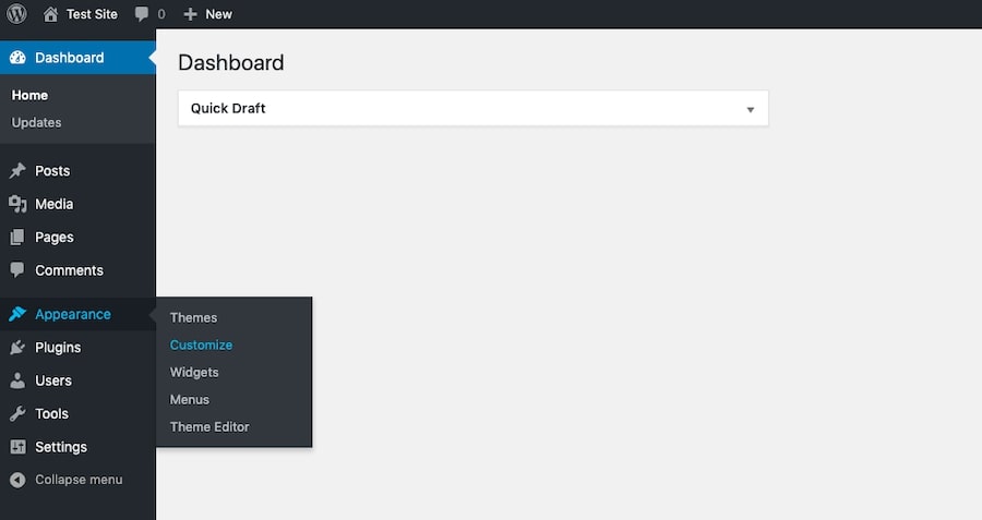 WordPress - navigeer naar het Customize menu