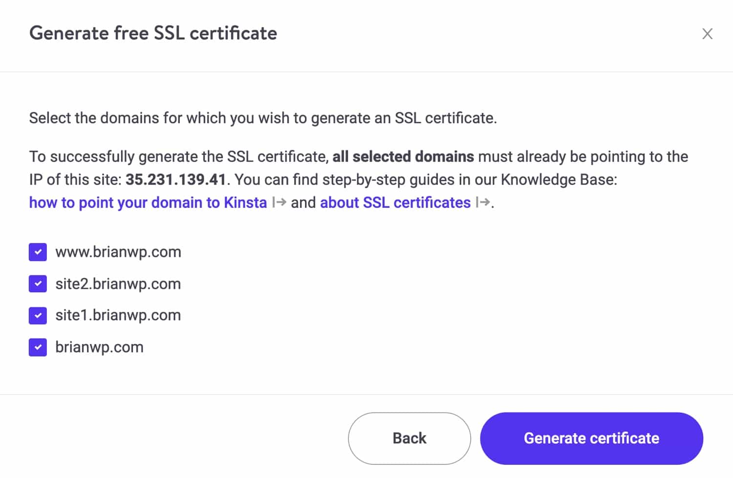 Genereer een SSL-certificaat voor je multisite in MyKinsta.